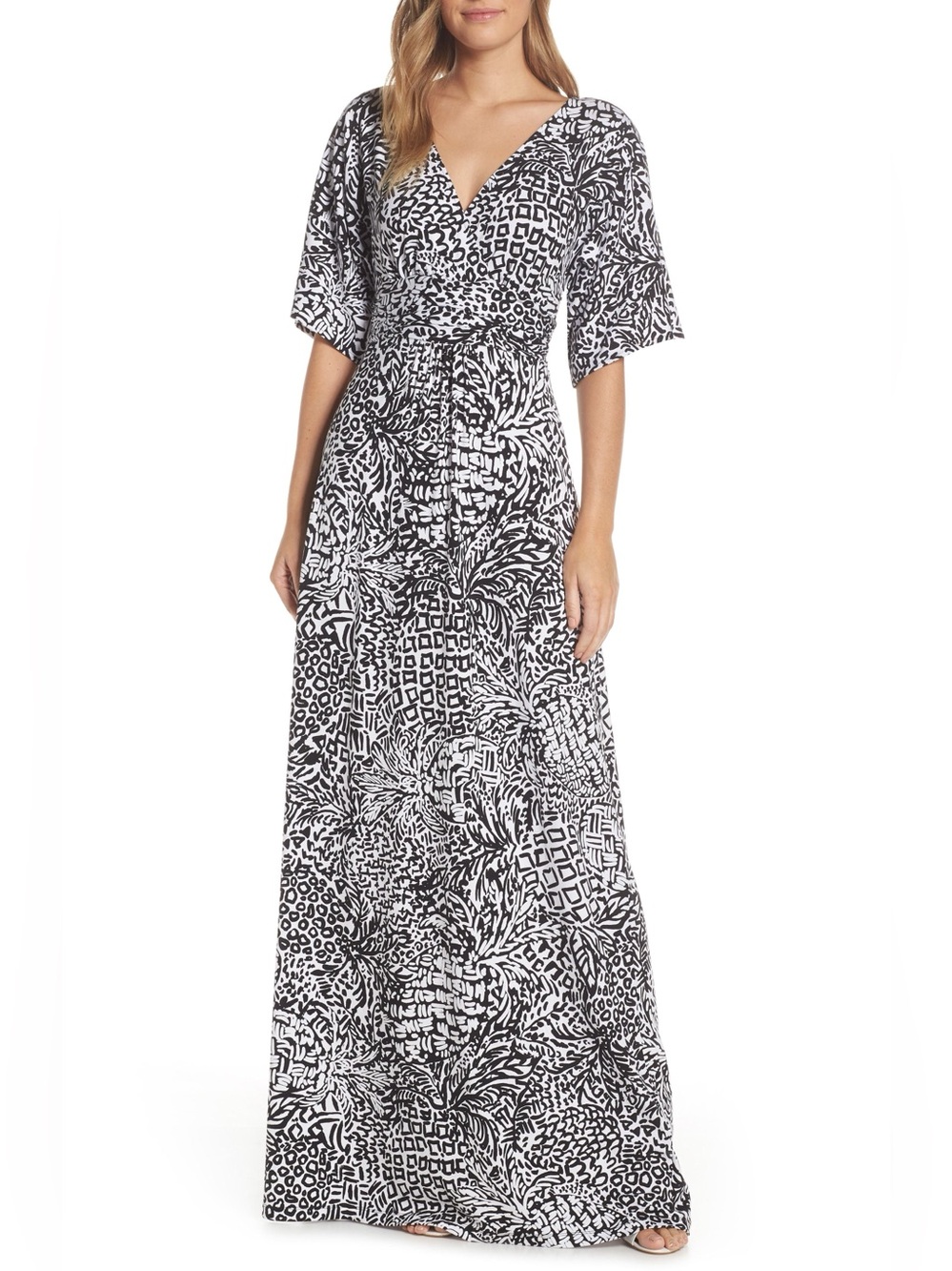 Lilly Pulitzer Parigi Maxi Wrap Dress Black & White Abstract Flutter Sleeve XS